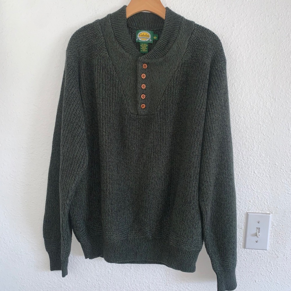 Vintage Cabelas Mens Forest Green 100% Cotton‎ Ribbed Henley Sweater L 90-2277